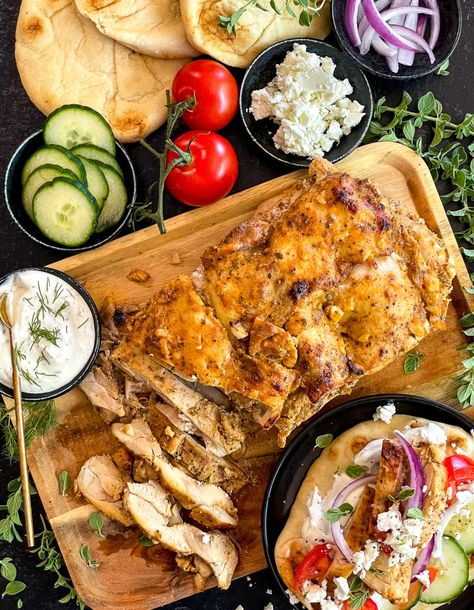 Loaf Pan Chicken Gyros Chicken Gyro Baked In Loaf Pan, Greek Chicken Loaf Pan, Chicken Gyro Loaf Pan, Loaf Pan Chicken Shawarma, Gyro Chicken Recipe, Loaf Pan Chicken, Chicken Gyros Recipe, Chicken Loaf, Gyros Recipe