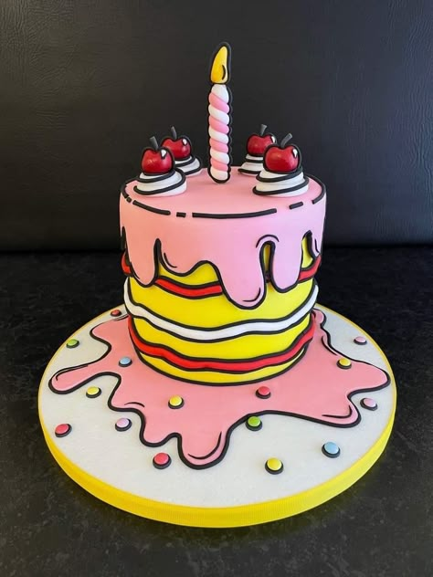 Cartoon Comic Cake, Pop Art Cakes, Cartoon Cake Designs Birthday, Comics Cake Ideas, Cake Cartoon Design, Comic Cake Birthday, Fondant Cake Designs Ideas, Barbie Doll Cake Design, Cartoon Theme Cake