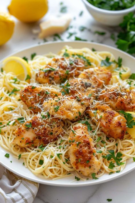 Lemon Chicken Scampi, Pasta With Chicken Tenders, Garlic Scampi Pasta, Scampi Sauce Recipe Chicken, Weeknight Pasta Recipes, Healthy Chicken Scampi, Pasta With Chicken Cutlet, Pasta With Cream Sauce And Chicken, Creamy Chicken Scampi Recipe