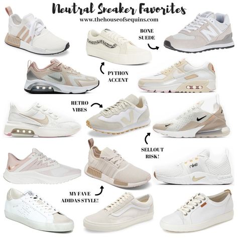 Spring Sneaker Style - The House of Sequins Neutral Tennis Shoes Outfit, New Balance Trendy Shoes, Spring 2024 Sneakers, Trendy Sneakers 2024, Spring Shoes 2024, Pe Fits, Adventure Clothes, Old Sneakers, Neutral Sneakers