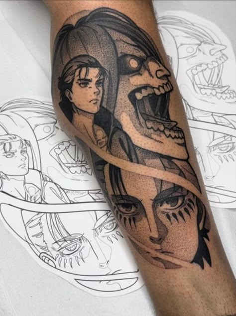 Eren Yeager Tattoo Design, Eren And Mikasa Tattoo, Attack On Titan Tattoo Eren, Eren Jaeger Tattoo, Attack On Titan Tattoo, M Tattoos, Manga Tattoo, Naruto Tattoo, Tattoos With Kids Names