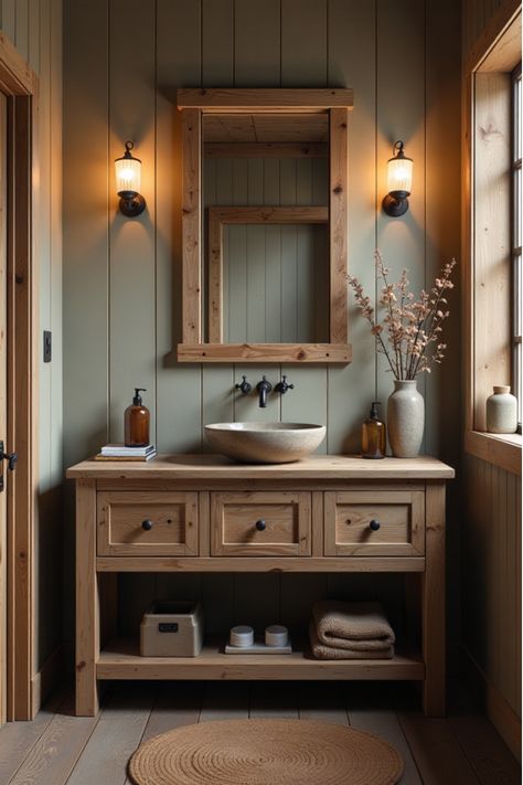 Farmhouse bathroom featuring wood vanity and barn door mirror Bathroom Vanities For Small Bathrooms, Reclaimed Bathroom Vanity, Rustic Bathroom Vanity Ideas Farmhouse Style Vessel Sink, Hickory Vanity Bathroom, Knotty Alder Bathroom Vanity, Bathroom With Wood Vanity, Farmhouse Double Vanity, Bathroom Wood Vanity, Bathroom Vanity Inspiration