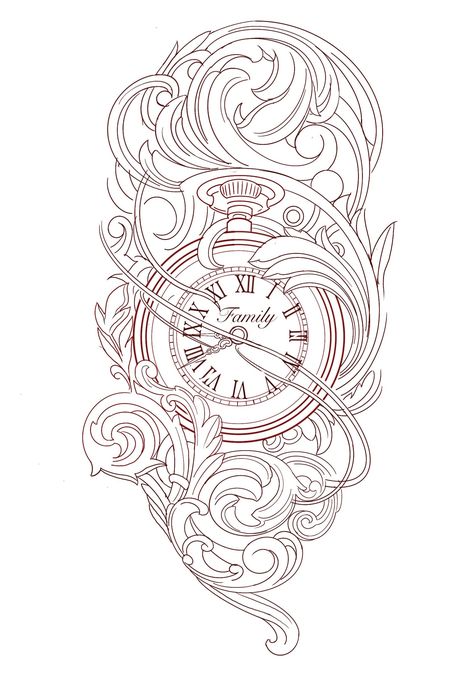 Filigree Clock Tattoo Design, Filagree Tattoo Stencil, Clock With Filigree Tattoo Design, Old Clock Tattoo Design, Compass Clock Tattoo Design, Pocket Watch Tattoo Stencil, Clock Tattoo Stencil, Tattoo Clock, Calf Tattoo Ideas