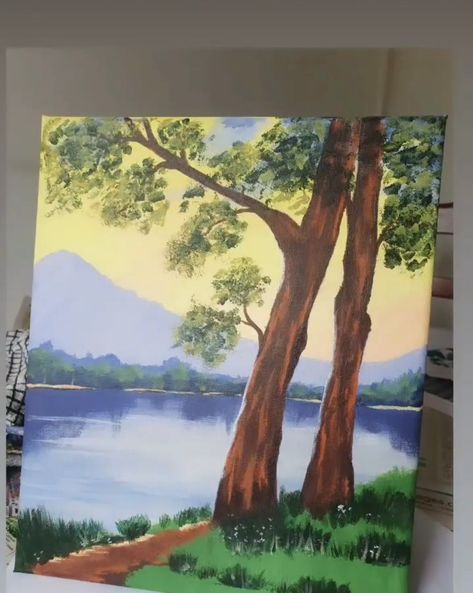 Acrylic painting lake Acrylic Lake Painting, Lake Scene, Lake Painting, Paint Ideas, Tree Painting, Landscape Painting, Landscape Paintings, Acrylic Painting, Art Drawings