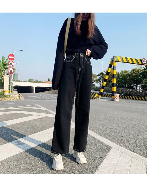 Black Korean, Goth Vintage, Chic Jeans, Denim Decor, Black Wide Leg Trousers, Jeans Models, Jean Vintage, Black Pants Casual, Y2k Clothes