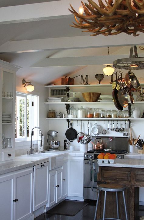 Shelves like these could go up on the wall opposite the island once all the other changes are made of course. Kitchen Spotlights, Real Kitchen, Open Kitchen Shelves, Hollywood Hills, Cottage Kitchen, Open Kitchen, Kitchen Shelves, Cottage Homes, Beautiful Kitchens