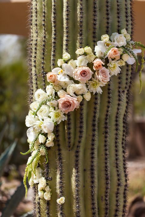 Wedding decor, cactus, flowers, ivory, peach, blush, rustic, southwest, ceremony, Phoenix Scottsdale Arizona Wedding Planner Arizona Wedding Flowers, Arizona Wedding Decor, Desert Wedding Ideas Arizona, Cactus Wedding Decor, Firehouse Wedding, Colombian Wedding, Arizona Aesthetic, Cactus Wedding, Southwest Wedding