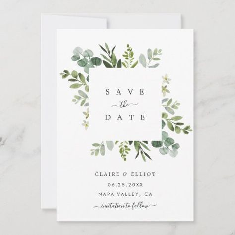 $2.86 | Eucalyptus Foliage Square Frame Save the Date Card #savethedateinvitations #engagement #eucalyptuswedding #greenerywedding #watercolorgreenfoliage #eucalyptuswreathframe #rustic #simplecalligraphy #whitesquareframe #greenbotanicalsquarewreath Invitations Engagement, White Square Frame, Rustic Wedding Save The Dates, Square Wreath, Rustic Save The Dates, Watercolor Eucalyptus, Date Invitation, Eucalyptus Greenery, Eucalyptus Wedding