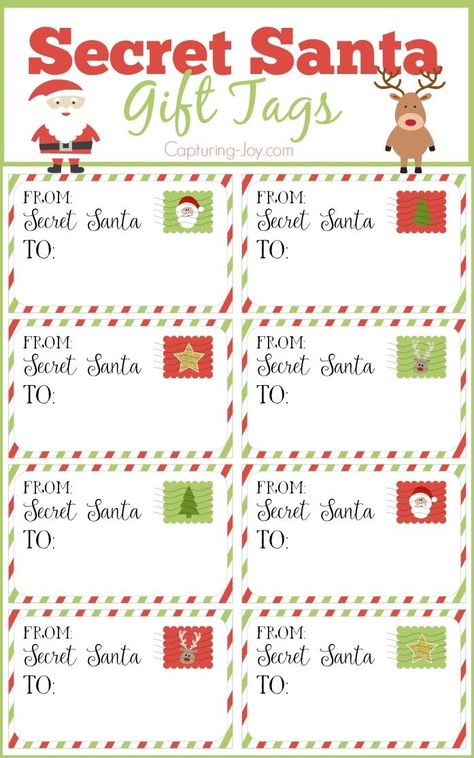 Secret Santa Gift Tags for Christmas and tips for an effective gift exchange!  Free printables on Capturing-Joy.com Secret Santa Note, Secret Santa Gift Tags, Secret Santa Poems, Secret Santa Templates, Santa Gift Tags Printable, 10 Secret Santa Gifts, Santa Label, Santa Notes, Funny Secret Santa Gifts