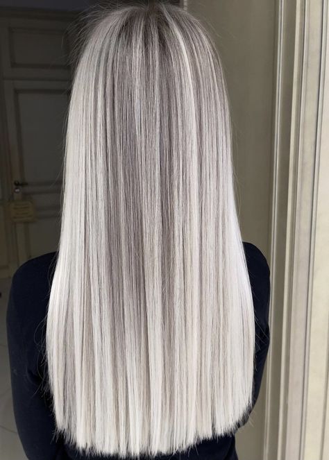 Platinum Blonde Hair Color Highlights, Blonde Icy Balayage, Platinum Hair With Black Lowlights, Platinum Blonde Hair With Highlights, Icy Grey Hair, Silver Toned Blonde Hair, Silver Blonde Hair Balayage, Icy Platinum Blonde Hair With Lowlights, White Blonde Hair With Lowlights