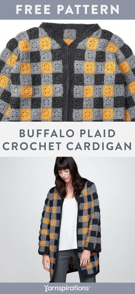 No French girl look is complete without a chic buffalo plaid coat. Buffalo Plaid Crochet Jacket free crochet patterns using Patons Canadiana yarn. This free crochet pattern works up simple granny squares made of two rounds of double crochet stitches, creating a Fall jacket inspired by buffalo plaid patterns. #EmilyInParis #FrenchFashion #Yarnspirations #FreeCrochetPattern #CrochetCardigan #Patons Buffalo Plaid Crochet, Easy Crochet Cardigan Pattern, Easy Crochet Cardigan, Buffalo Plaid Cardigan, Crochet Garments, Crochet Cardigan Free, Plaid Crochet, Black Crochet Dress, Buffalo Plaid Pattern