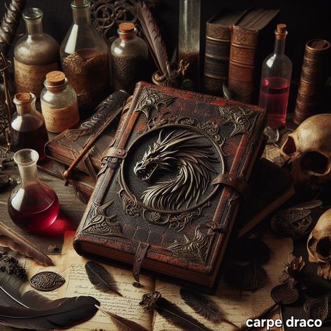 Dragon Book Aesthetic, Spellbook Fantasy Art, Spell Books Fantasy Art, Fantasy Spellbook, Magic Grimoire Fantasy Art, Old Magic Book, Grimoire Book Fantasy Art, Book Of Spells Cover, Medieval Book Cover