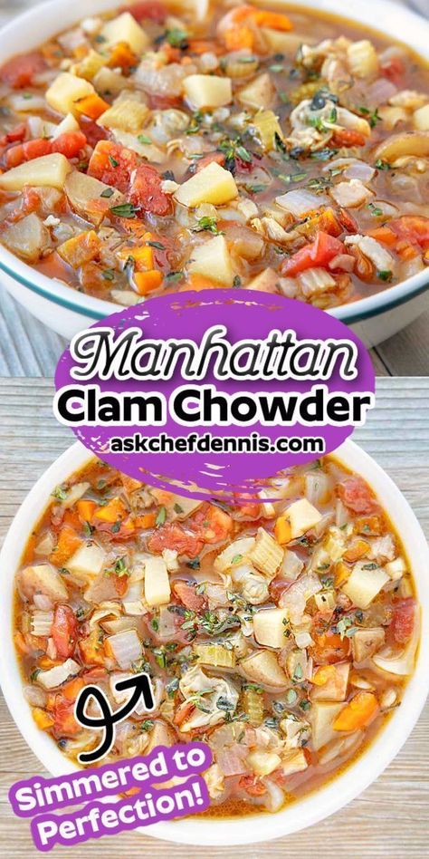 This Manhattan clam chowder recipe from Ask Chef Dennis is easy to make and a lot less expensive than ordering out at your favorite seafood restaurant. This recipe takes only 20 minutes to prepare and is simmered to perfection! Homemade Manhattan clam chowder will be your new favorite! You'll love this delicious recipe. Manhatten Clam Chowder, Manhattan Clam Chowder Recipe, Manhattan Clam Chowder, Clam Chowder Recipe, Restaurant Style Recipes, Delicious Seafood Recipes, Best Seafood Recipes, Chowder Recipe, Clam Recipes