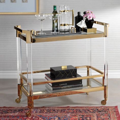 The Langham Bar Cart - Polished Gold Acrylic Bar Cart, Modern Bar Cart, Gold Bar Cart, Glass Bar Cart, Night At Home, Serving Cart, Bar Cart Decor, Glass Bar, Serving Table