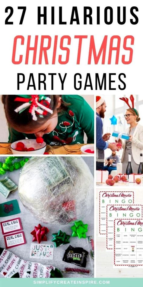 Hilarious Fun Christmas Party Games For All Ages These Christmas party games for adults, kids, work parties and more are sure to add some extra laughs to your festive party fun. Includes Christmas games to play with family or friends and printable Christmas games as well. Family Christmas Party Games, Christmas Party Games For Groups, Christmas Eve Games, Christmas Games To Play, Fun Family Christmas Games, Christmas Party Games For Kids, Christmas Gift Games, Christmas Party Activities, Party Games For Kids