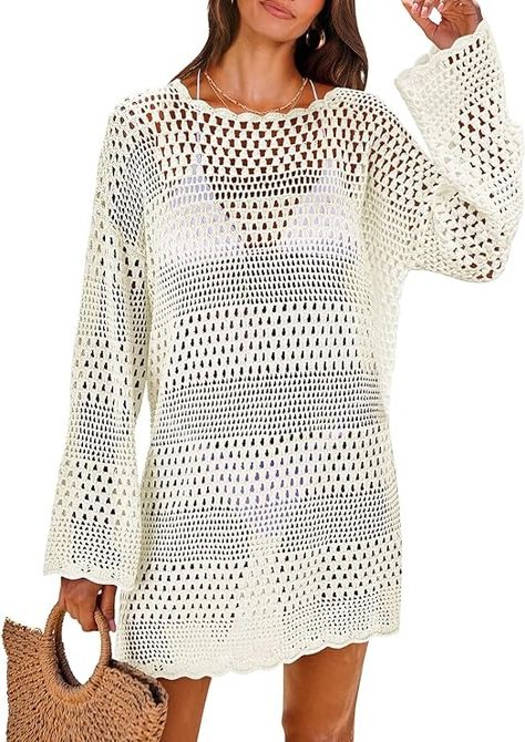 ANRABESS Women Swimsuit Crochet Swim Cover Up 2024 Summer Bathing Suit Swimwear Mesh Knit Beach Dress Vacation Outfits Cream White Medium at Amazon Women’s Clothing store Coastal Granddaughter Clothes, Knitted Dress Outfit, Swimsuit Crochet, Knit Beach Dress, Mexico Fashion, Outfits For Mexico, Summer Bathing Suits, Crochet Swim, Dress Vacation