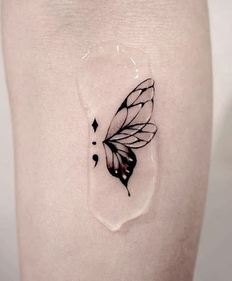 Asthmatic Tattoo Ideas, Coma Butterfly Tattoo, Faith Semi Colon, Butterfly Flower Semi Colon Tattoo, Half Butterfly Half Semi Colon Tattoo, Monarch Butterfly Semicolon Tattoo, Tattoo Butterfly Semicolon, Cute Semicolon Tattoos, Semicolons Aesthetic Butterfly Tattoo