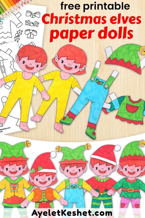 Free printable Christmas craft for kids: Color, cut and dress up cute Christmas paper dolls of elves! Easy, fun and mess-free holiday activity. #Ayelet_Keshet #ChristmasCraft #PrintableCraft #MessFreeCraft #PaperDoll Free Printable Christmas Decorations, Paper Dolls Printable Free, Christmas Paper Dolls, Christmas Science Activities, Mess Free Craft, Unique Christmas Gifts Diy, Free Christmas Crafts, Diy Coloring Books, Printable Christmas Decorations