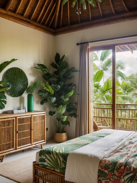 Cozy Farmhouse Bedroom Décor: Rustic Wood and Neutral Tones | aulivin.com Tropical Minimalist Bedroom, Island Bedroom Decor Tropical Style, Tropical Villa Bedroom, Masters Bedroom Modern Tropical, Tropical Bedroom Ideas, Modern Tropical Bedroom, Tropical Plant Bedding, Cozy Farmhouse Bedroom, Small Home Gym Ideas