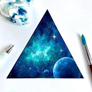 Watercolor Space Art, Triangle Painting Ideas, Triangle Watercolor, Galaxy Painting Ideas, Watercolour Space, Triangle Painting, Watercolour Galaxy, Star Watercolor, Stars Watercolor