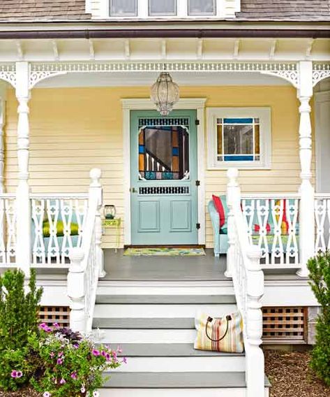 Blue Paint Palette, Beach House Exterior Colors, Yellow House Exterior, Yellow Exterior, Victorian Porch, Yellow Cottage, Beach House Exterior, Yellow House, Exterior Paint Colors For House