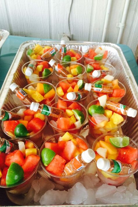 13 Graduation Party Appetizers That Will Surprise Everyone - Its Claudia G Mexican Fruit Table Ideas, Graduation Party Appetizers, Mexican Fruit Cups, Mexican Dessert Table, Party Snack Table, Mexican Fruit, Mexican Party Food, Fruit Table, Mexican Baby Shower