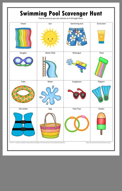 Pool Scavenger Hunt, Swim Team Party, Verbs For Kids, Spirit Days, Swimming Equipment, Swimming Lessons, Theme Activity, Swim Team, Swim Club