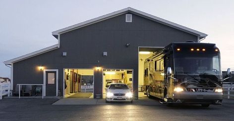 Protect your #RV and keep it in good shape by storing it in a garage! Here are a few options to choose from. #HomeOnWheels #Motorhomes Rv Barn, Shop With Living Quarters, Rv Garage Plans, Garage With Living Quarters, Boat Garage, Barn With Living Quarters, Pole Barn Garage, Building A Pole Barn, Industrial Shop