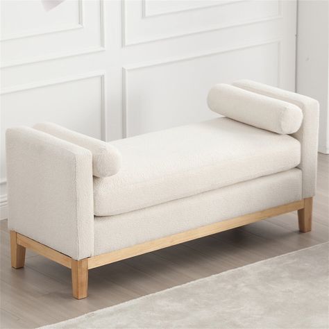 Buy Ottoman with Bolster Pillows & Wood Legs, Upholstered Bench, Elegant Indoor Bench, Entry Bench, 53.5"W Ottoman Bench for End of Bed, Bedroom, Living Room, Entryway, Ivory at Walmart.com End Of Bed Loveseat, Bench For Foot Of Bed, Bench At End Of Bed Bedroom Ideas, End Of Bed Bench With Storage, Bedroom Benches Master, Bed Front Bench, End Of Bed Ideas, Bedroom Bench Ideas, White Fabric Headboard