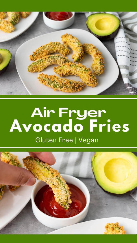 Discover a delicious twist on traditional snacks with these crispy avocado fries made in the air fryer. Perfect for anyone seeking avocado recipes that fit into vegan, keto, and gluten-free diets, these fries make a delightful side dish or snack. The air fryer ensures a perfectly baked texture without the need for extra oil. Quick and easy to prepare, these fries offer a burst of flavor with every bite, making them ideal for creative air fryer recipes and versatile snack ideas. Avocado Fries Air Fryer, Air Fryer Avocado, Air Fryer Vegan, Crispy Avocado, Avocado Fries Recipe, Fries In The Air Fryer, Vegan Egg Rolls, Vegan Chicken Nuggets, Fall Appetizer