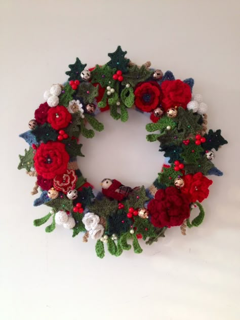 Christmas Crochet wreath made by Emily Ballard and inspired by Lucy of Attic24. Crocheted Christmas Wreath, Knitted Christmas Wreath, Crochet Xmas Wreath, Crochet Wreath Christmas, Crochet Christmas Wreaths, Christmas Crochet Wreath, Crocheted Wreaths, Christmas Wreath Crochet, Crochet Wreaths