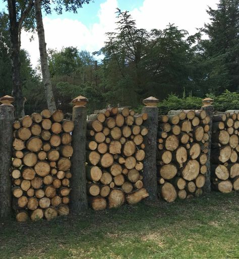 Log Fence, Stone Walls Garden, Outdoor Fire Pit Area, Outdoor Firewood Rack, Deer Fence, Log Wall, Wooded Landscaping, Gabion Wall, Backyard Plan