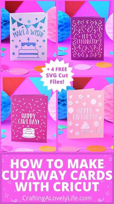 Today we are making these super fun Birthday Cutaway Cards using our Cricut and the Cricut Card Mat. These cards were so much fun and so easy to make! | Cricut for Beginners | Cricut Cardstock Vinyl Tutorial | Cricut Tutorial | Cricut Cutaway Card Tutorial | Cricut Card Mat Tutorial Birthday Cards Cricut Free, Free Male Birthday Card Svg Files For Cricut, Cricut 21st Birthday Cards, Cricut Cards Without Card Mat, Cricut Cardstock Cards, Cricut Insert Card Template, Cricut Joy Insert Cards Free Svg, Free Svg Files For Cricut Birthday Cards, Cricut Joy Birthday Cards Free