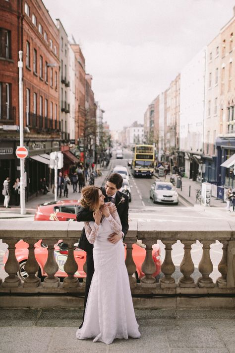 The Most Elegant City Wedding in Dublin: Simona & Alberto | OneFabDay.com Ireland Dublin City Wedding, Dublin Wedding, City Portrait, City Wedding Venues, Wedding Atelier, Industrial Wedding Venues, Boho Gown, Downtown Wedding, Ireland Wedding