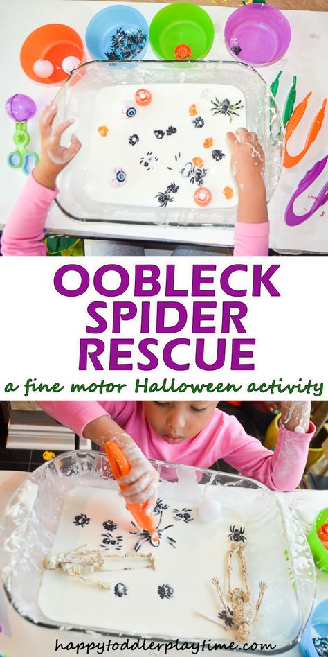 Oobleck Spider Rescue - HAPPY TODDLER PLAYTIME Diy Halloween Dekoration, Halloween Sensory, Sensory Activity, Halloween Preschool, Fall Preschool, Halloween Activities For Kids, Toddler Halloween, Halloween Crafts For Kids, Theme Halloween