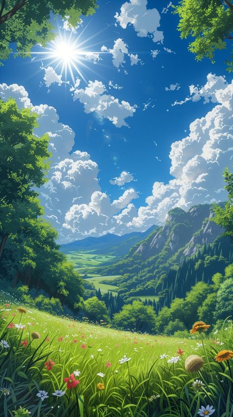 Fantasy Nature Landscape, Beautiful Flowers Pictures Nature, Anime Backgrounds Landscape, Landscape Fantasy Art, Aesthetic Nature Pictures, Landscape Anime, Beautiful Paintings Of Nature, Anime Landscape, Art Scenery