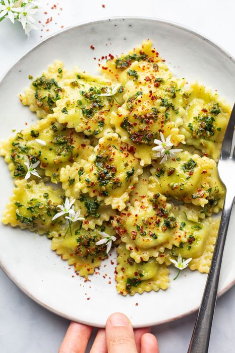 Vegan wild garlic ravioli - Lazy Cat Kitchen Vegan Ravioli, Wild Garlic Pesto, Lazy Cat Kitchen, Creamy Pasta Sauce, Cat Kitchen, Ravioli Recipe, Wild Garlic, Lazy Cat, Creamy Pasta