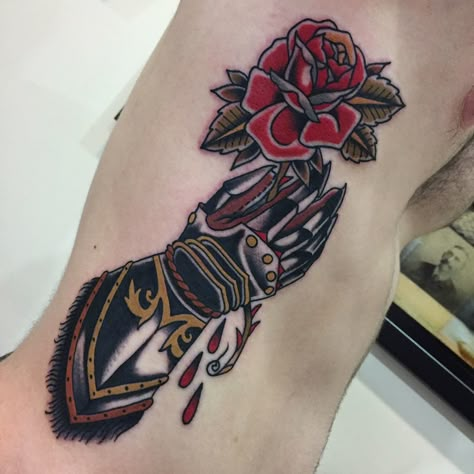 The ol' gauntlet and rose. Jamison Stagaard 805 Ink in Santa Barbara Gauntlet Tattoo, Knight Gauntlet, Dagger Tattoo, Neo Traditional, Santa Barbara, Tattoo Design, Tattoo Designs, Design