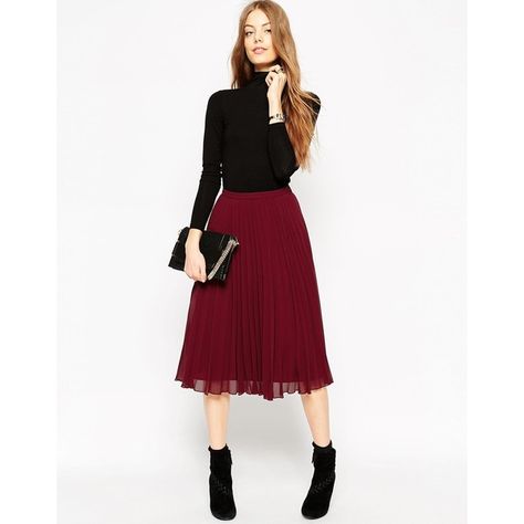 ASOS Pleated Midi Skirt ($54) ❤ liked on Polyvore featuring skirts, oxblood, pleated skirt, knee length pleated skirt, midi skirt, mid calf skirt and asos skirts Tall Skirt, Mid Calf Skirt, Calf Length Skirts, Pleated Chiffon, Influencers Fashion, Business Outfit, Chiffon Skirt, Pleated Midi Skirt, Mode Inspiration