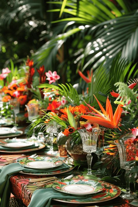 Bird Theme Tablescape, Modern Thanksgiving Dinner, Tropical Decor Party, Tropical Tablescape, Rio Party, Bird Of Paradise Wedding, Dinner Tablescape, Luau Ideas, Tropical Table