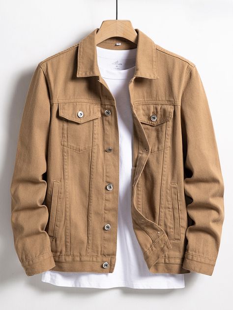 Clothes Without Model, Guys Jacket Outfit, Korean Male Fashion Casual Street Style, Casual Khaki Denim Jacket, Men’s Jackets, Mens Fall Jackets, Men Jacket Outfit, Men Outfits Ideas, White Jean Jacket Outfits