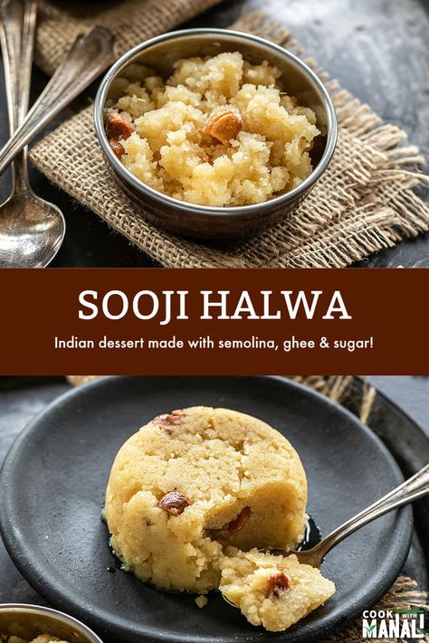 Indian dessert made with semolina, ghee and sugar. Sooji halwa is one of the most common Indian desserts made in every household. #indian #dessert Sooji Halwa Recipes Indian, Soji Recipe, Semolina Recipes, Indian Deserts, Sooji Halwa, Coconut Ladoo Recipe, Tawa Pulao, Halva Recipe, Easy Indian Dessert