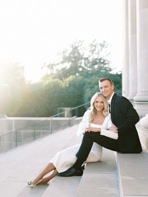 Stairs Photoshoot Posing Ideas Couple, Rice University Photo Shoot, Country Club Engagement Photos, Couple Stair Poses, Engagement Photos With Bouquet, Palace Of Fine Arts Engagement Photos, Estate Engagement Photos, Bench Picture Poses, Vintage Couple Photoshoot