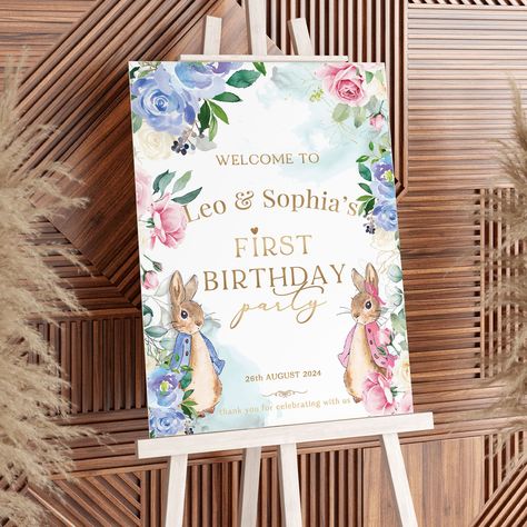 Twins 1st Birthday Party Welcome Sign, Bunny Rabbit Party Sign for Twins 1st Birthday, Instant Download, Edit in Canva, Twins Birthday Ideas Twin 1st Birthday, Twins 1st Birthday Ideas, Twins First Birthday Party Ideas, Twins Birthday, Party Welcome Sign, Twins 1st Birthdays, Twin First Birthday, 1st Birthday Party Invitations, First Birthday Themes