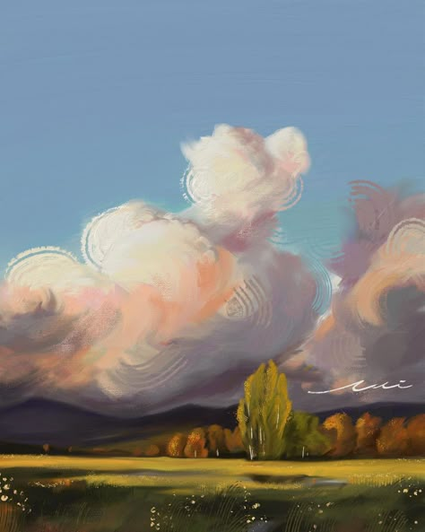 Ghibli Mountains, Gouache Clouds Tutorial, Adobe Fresco Illustration, Adobe Fresco Art, Paint With Texture, Background Drawing Reference, Ghibli Inspired Art, Ghibli Landscape, Procreate Landscape