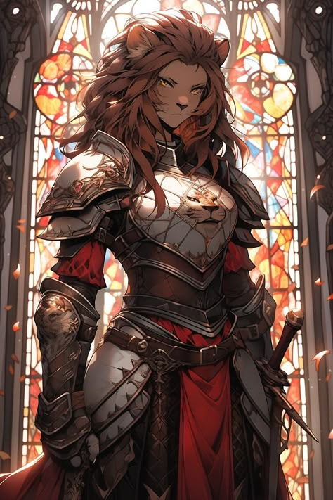 D&d Character Art Dungeons And Dragons, Fantasy Races Ideas, Leonin D&d, Leonin Fighter, Leonin Paladin, Female Paladin Dnd, Dnd Paladin Art, Leonin Female, Paladin Fantasy Art