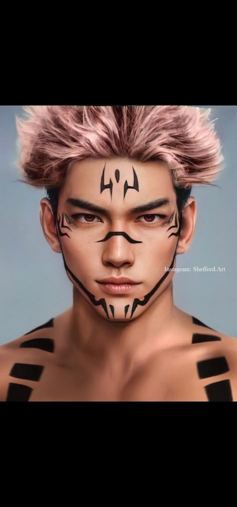 Sukuna Face Paint, Mens Face Paint, Felix Halloween, Face Paint For Men, Sukuna Makeup, Mens Halloween Makeup, Mens Halloween, Anime Makeup, Character Makeup