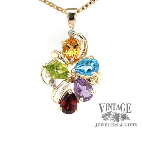 14 karat yellow gold multi-color gemstone pendant Multi Stone Pendant, Jewel Pendant Necklace, Pear Shaped Pendant, Center Point, Peridot Pendant, Anniversary Ideas, Colored Stones, Stone Pendant Necklace, Color Stone