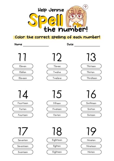 This worksheet is designed to help students practice identifying and writing teen numbers. Use this resource to reinforce understanding of teen numbers and improve numerical fluency. Try this engaging worksheet with your students today to enhance their number skills! #MathSkills #NumberPractice #WorkbookExercises #teennumberpractice Teen Numbers Worksheet, Number Names 11 To 20 Worksheet, Number 11-20 Worksheets, Numbers 11-20 Activities, 11-20 Number Worksheets, Numbers To 20 Worksheets, Number Spelling, Preschool Numbers, Number Practice