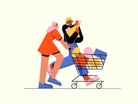 Shopping by Julia on Dribbble Shopping Illustration, 달력 디자인, Shop Illustration, People Illustration, People Shopping, Flat Illustration, Illustration Character Design, Mural Art, Tote Bag Design